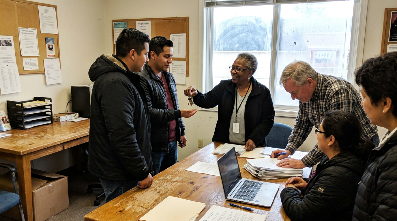 Advisory team handing keys to new homeowners at closing