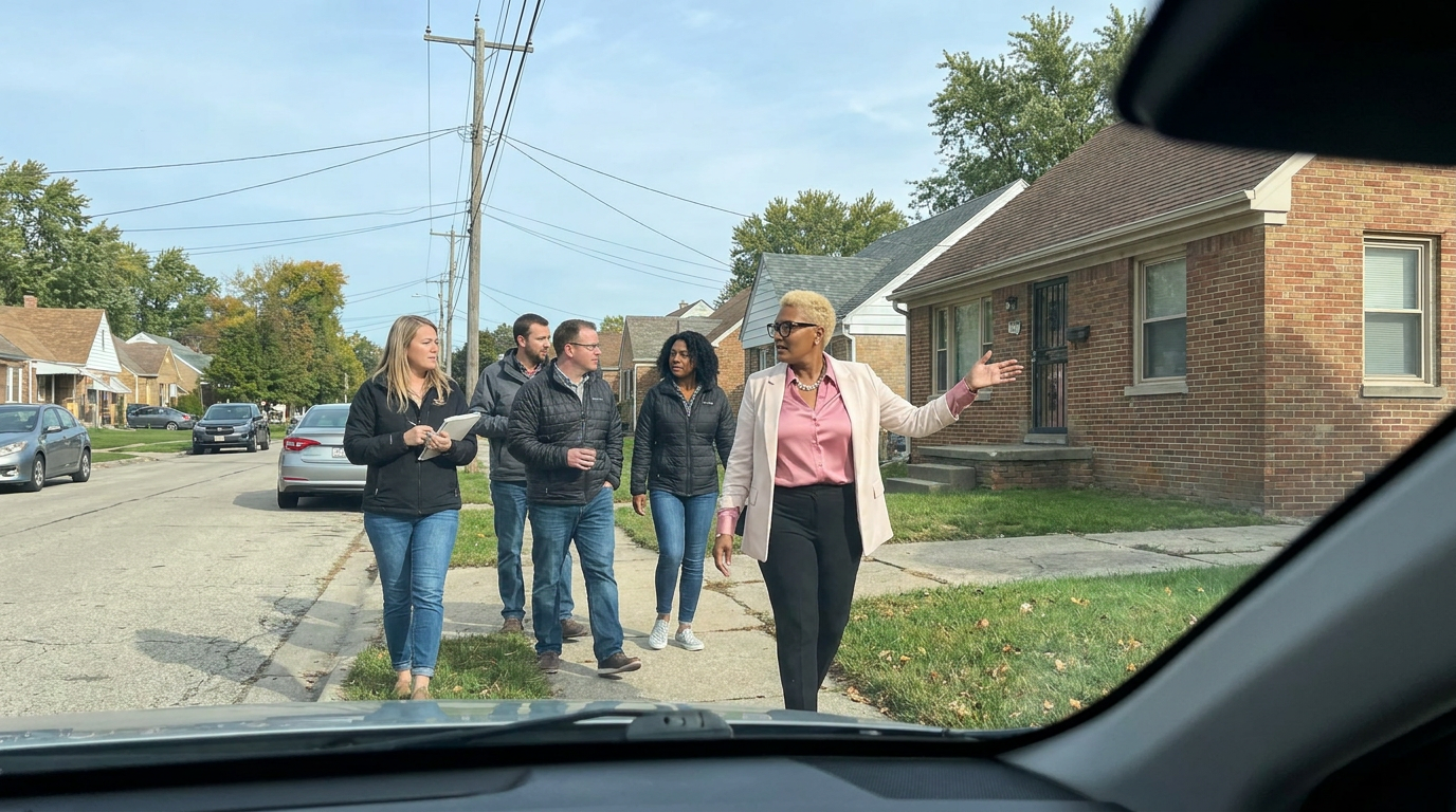 Real estate advisor leading a neighborhood property tour